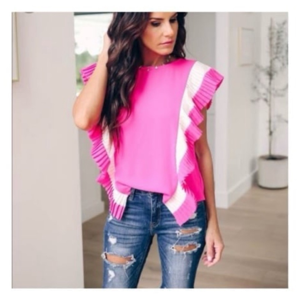Jealous Tomato boutique hot pink accordion‎ pleated ruffle blouse size small